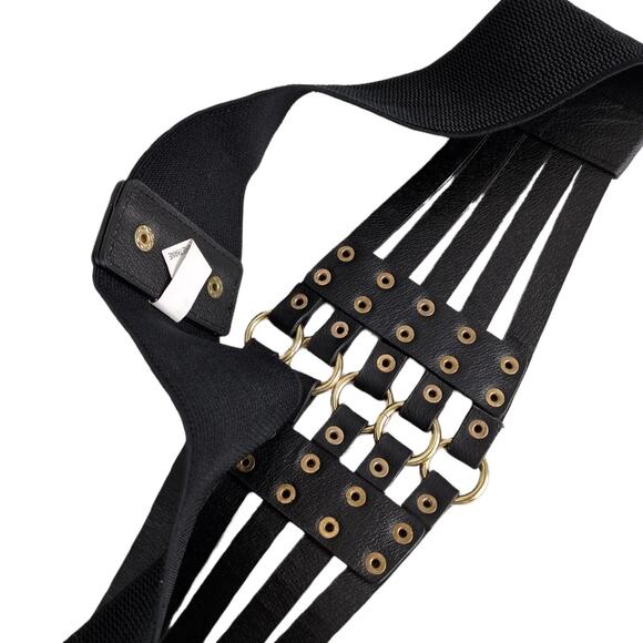 Elastic Corset-Style Belt 3X Rivets & Rings Strappy Waist Steampunk Goth Biker - Picture 3 of 6